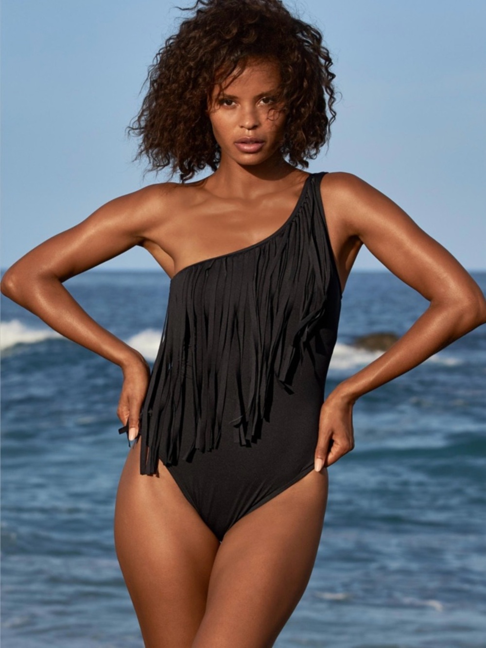 Carmen Marc Valvo black‎ one shoulder fringe one piece swimsuit women’s 8 NWT